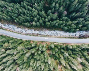 Yolun yanındaki nehirde hiç yeşil ağaçlar ile Dağları ile havadan görünümü. yol gezi konsepti