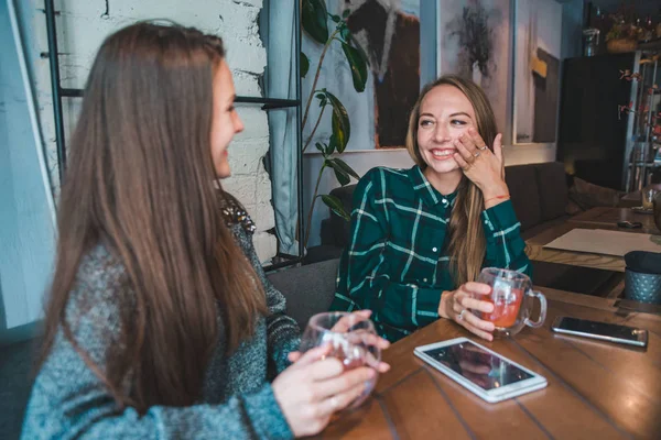 Two Girlfriends Talking Cafe While Drink Tea Meeting Concept — Stock Photo, Image