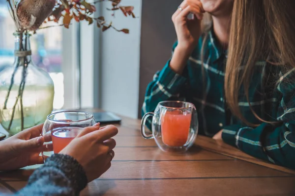 Duas Jovens Mulheres Conversando Café Bebendo Aqueça Conceito Chá — Fotografia de Stock