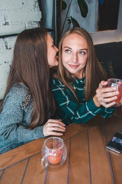 两个女朋友一边喝茶一边在咖啡馆里聊天 会议理念 — 图库照片