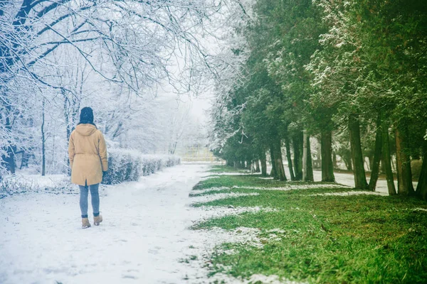 Femeia Merge Prin Parc Unde Iarna Întâlnește Primăvara — Fotografie, imagine de stoc