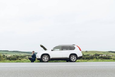kırık arabanın yakınında telefon ile oturan adam yardım arıyor. Road trip sorunları