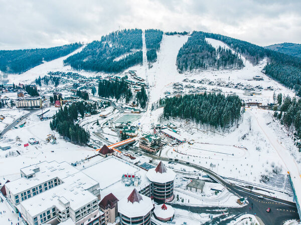 aerial view off bukovel ski resort in winter time. winter ski activity. travel concept