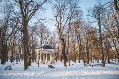kar kış park Avrupa şehrin görünümünü. parlak gün