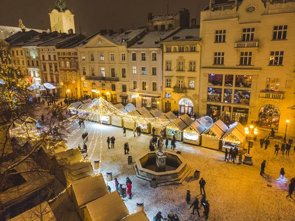 Lviv Ucrânia Dezembro 2018 Vista Aérea Sobre Festa Natal Praça — Fotografia de Stock