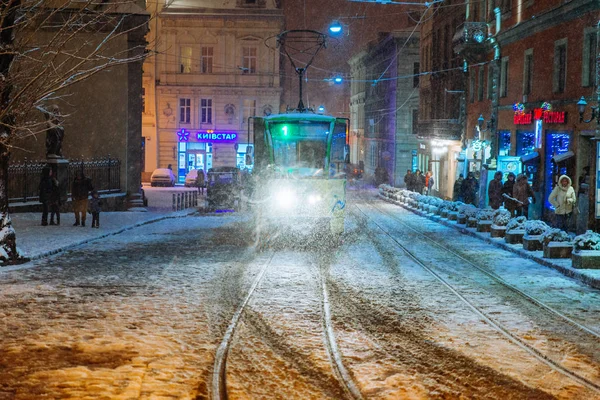 Lviv Oekraïne Februari 2018 Openbaar Vervoer Tram Het Centrum Van — Stockfoto