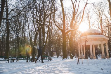 kar kış park Avrupa şehrin görünümünü. parlak gün