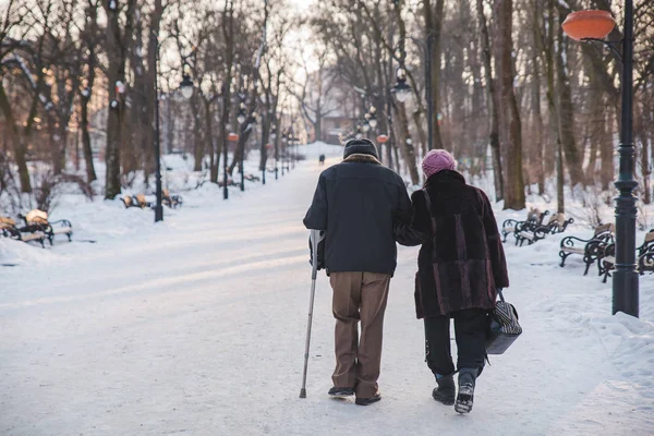 Casal Velho Caminhando Juntos Pelo Parque Cidade Inverno Cuidados Com — Fotografia de Stock