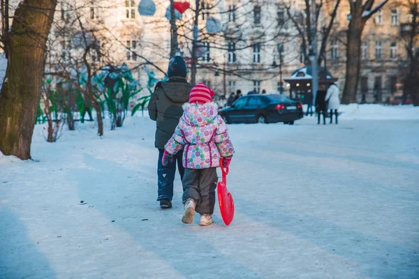 Zwei Kleine Kinder Spielen Winterlichen Stadtpark Mit Schlitten Kindheit — Stockfoto