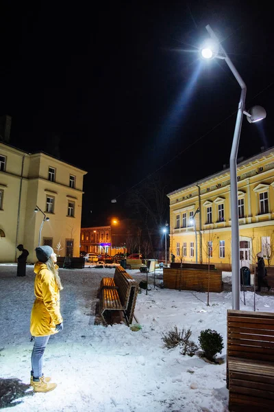 Молода Доросла Жінка Дивиться Вуличне Світло Міста Зимову Ніч Спосіб — стокове фото