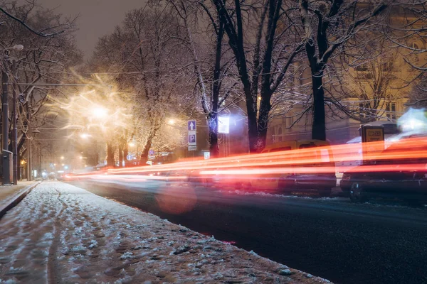 Road City Traffic Winter Snowstorm Night Collapse Long Exposure — Stock Photo, Image