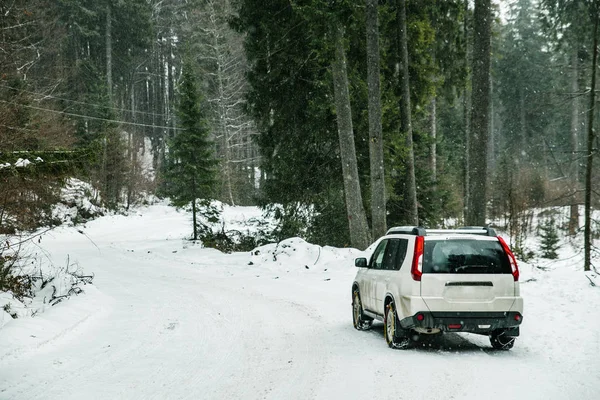 Suv Auto Met Ketting Wielen Gesneeuwde Bos Road Reis — Stockfoto