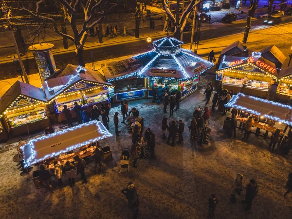 Antenne Bekijken Van Oude Stadsplein Met Kerstmis Festival Vakantie — Stockfoto