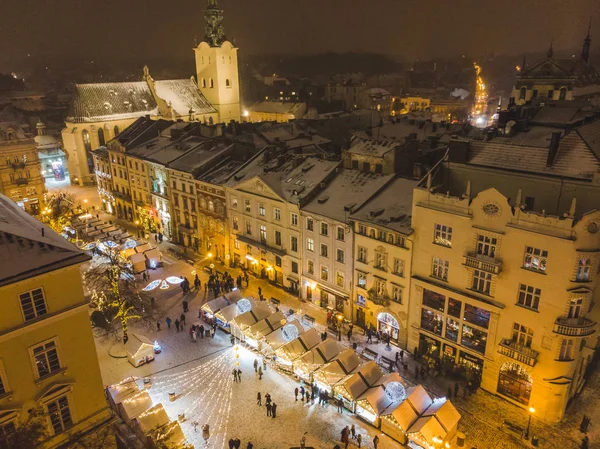 Lviv Ukrajna 2018 December Légifelvételek Karácsonyi Fest Tér Régi Európai — Stock Fotó