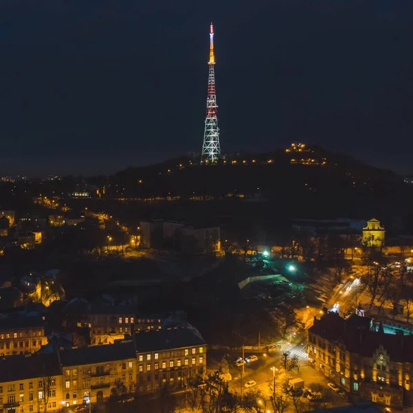 Vue Aérienne Coucher Soleil Sur Vieille Ville Européenne Rues Surlignées — Photo