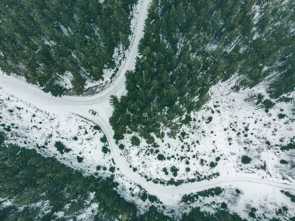 Vista Aerea Suv Auto Nella Foresta Invernale Innevata Concetto Viaggio — Foto Stock