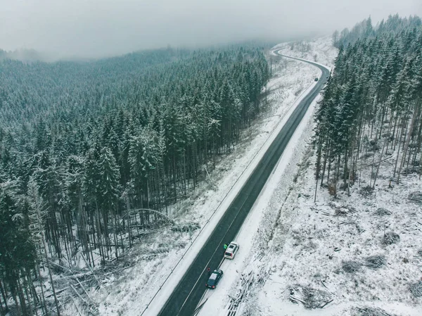 Aerial View Highway Road Cars Mountains Range Snow Storm Overcast — Stock Photo, Image