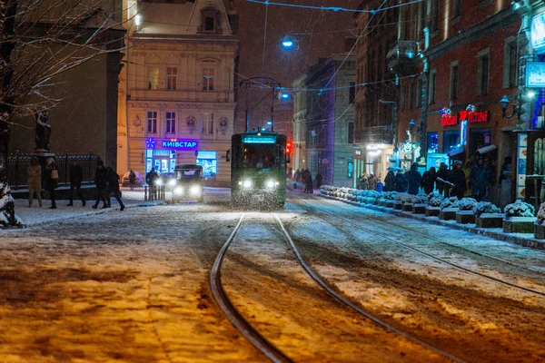 Lviv Oekraïne Februari 2018 Openbaar Vervoer Tram Het Centrum Van — Stockfoto