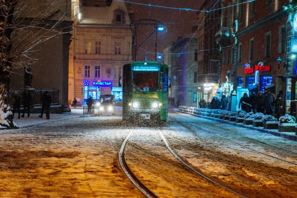 Львов Украина Февраля 2018 Года Общественный Транспорт Трамвай Центре Европейского — стоковое фото