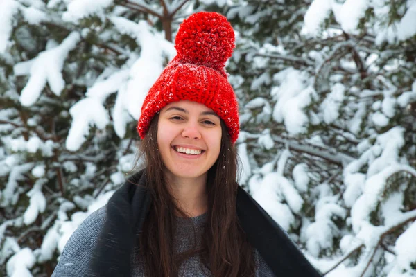 Portretul Unei Tinere Femei Zâmbitoare Haine Iarnă Pălărie Roșie Brad — Fotografie, imagine de stoc