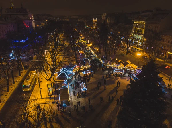 Antenne Bekijken Van Oude Stadsplein Met Kerstmis Festival Vakantie — Stockfoto