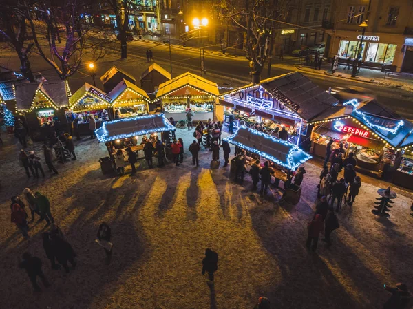 Antenne Bekijken Van Oude Stadsplein Met Kerstmis Festival Vakantie — Stockfoto