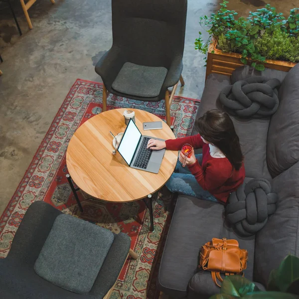 Woman Sitting Cafe Using Laptop Drinking Tea White Screen Copy — Stock Photo, Image
