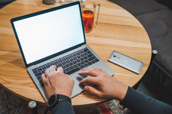 Overhead View Man Hands Laptop White Screen Copy Space — Stock Photo, Image