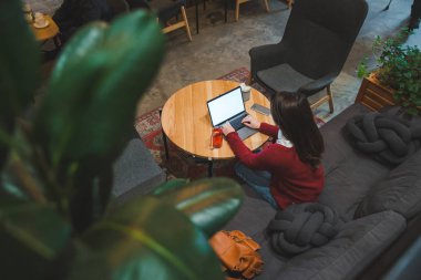 çay içme dizüstü kullanarak kafede oturan kadın. beyaz ekran. kopya alanı. yaşam tarzı