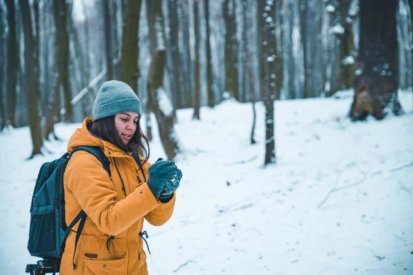 Mujer Haciendo Bola Nieve Bosque Nevado Divertirse — Foto de Stock