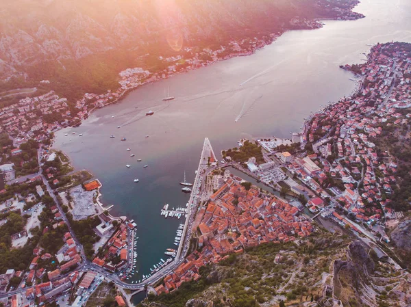 Vista Aérea Bahía Kotor Con Ciudad Kotor Puesta Del Sol —  Fotos de Stock