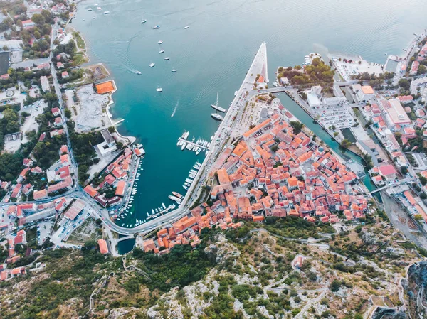Vista Aérea Ciudad Kotor Montenegro Barcos Botes Muelle —  Fotos de Stock