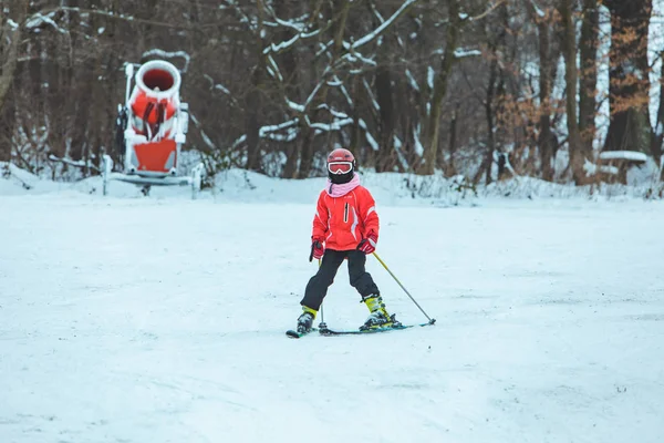 Lviv Ukraine 2019年1月12日 男の子が赤いコートで丘を滑り降りる 冬のアクティビティ — ストック写真