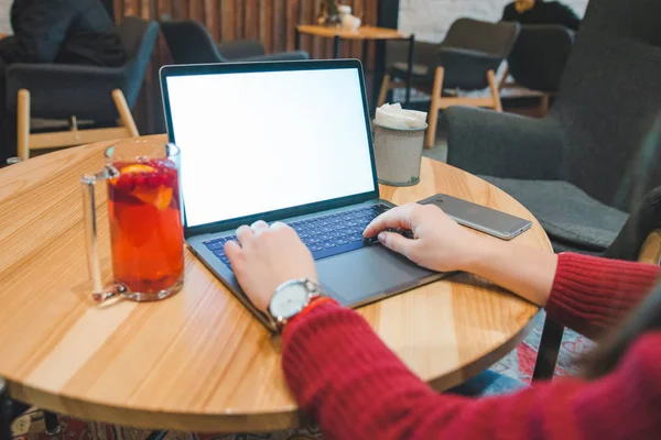 Woman Hand Typing Keyboard Laptop White Screen Freelancer Blogger Lifestyle — Stock Photo, Image