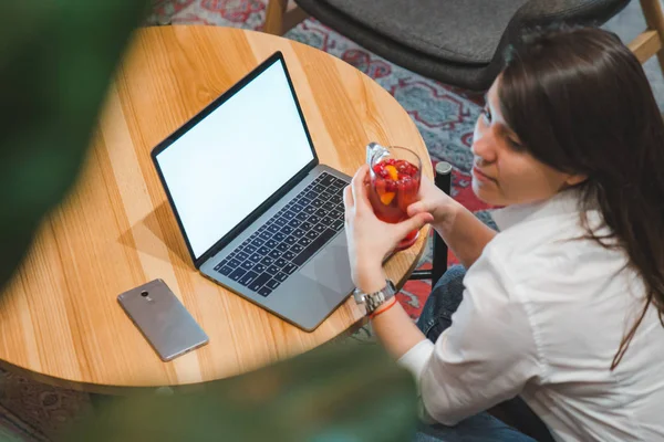 Woman Sitting Cafe Using Laptop Drinking Tea White Screen Copy — Stock Photo, Image