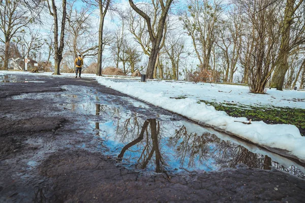 melting snow. puddle on the road. city park. spring is coming