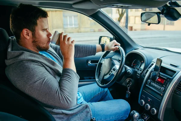 Man Driving Car Drinking Coffee Lifestyle Road Trip — Stock Photo, Image