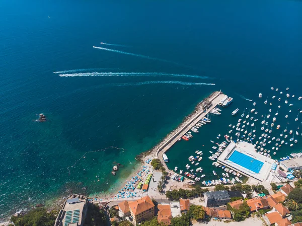 Vista Aérea Playa Soleada Herceg Novi Montenegro Vacaciones Verano — Foto de Stock