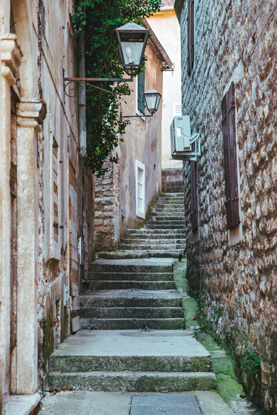 Summer little stone street with stairs in herceg novi montenegro. vacation concept