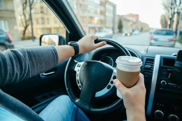 Man Hands Holding Steering Wheel Cup Coffee Morning Booster Road — Stock Photo, Image