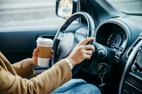 Woman Hands Close Driving Car View Drinking Coffee Road Trip — Stock Photo, Image