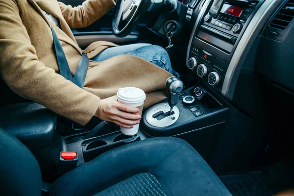 Woman Hand Taking Cup Coffee Car Close Crop Morning Energy — Stock Photo, Image