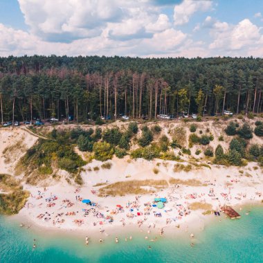 göl kıyısı güneşli günde hava görünümünü. orman arka plan üzerinde