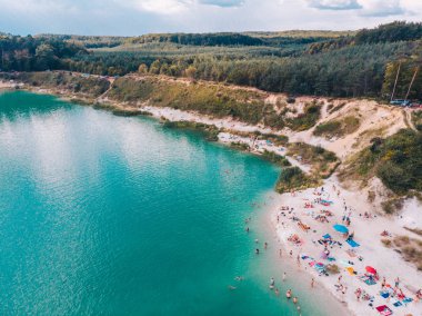 göl kıyısı güneşli günde hava görünümünü. orman arka plan üzerinde