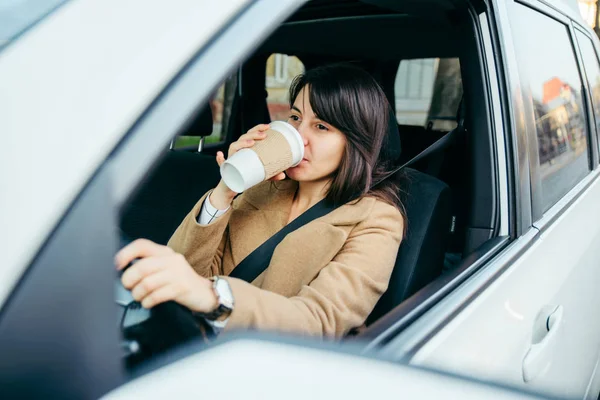 young woman driving car. safety belt. drinking coffee