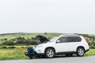 kırık arabanın yakınında telefon ile oturan adam yardım arıyor. Road trip sorunları