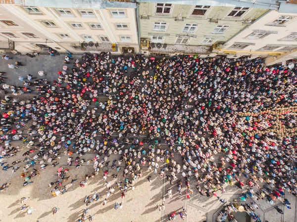 Lviv Ukraine October 2018 Aerial View Religious Procession City Streets — Stock Photo, Image