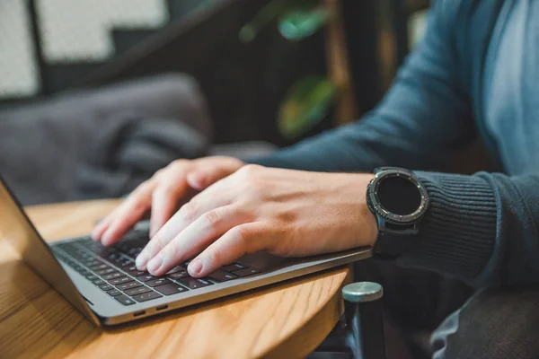 Man Hand Close Working Laptop Smart Watch Wrist Freelance Lifestyle — Stock Photo, Image