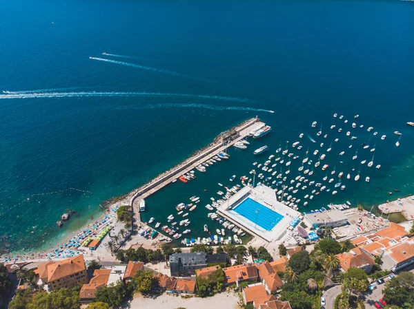 Vista Aérea Playa Soleada Herceg Novi Montenegro Vacaciones Verano — Foto de Stock