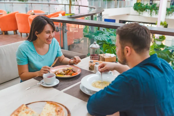 Couple having lunch in mall cafe together. date talking — Stock Photo, Image